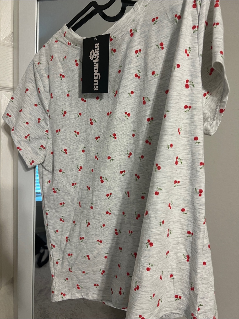 Sugarlips Heather Gray Tee with Red Cherry Print
